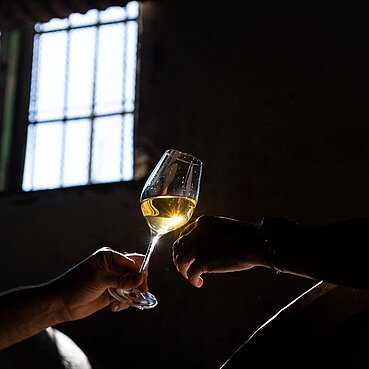 [Translate to English:] Copa de vino en la oscuridad de la bodega